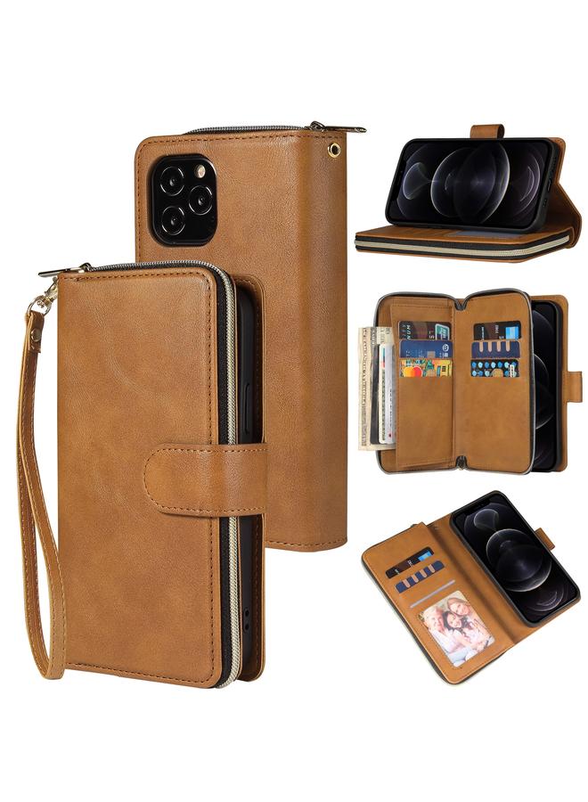 زبون جراب لهاتف iPhone 12 / 12 Pro، حقيبة محفظة بسحاب، جراب جلدي من البولي يوريثان قلاب أفقي مع حامل و9 فتحات للبطاقات ومحفظة وحبل وإطار صورة - Image 1