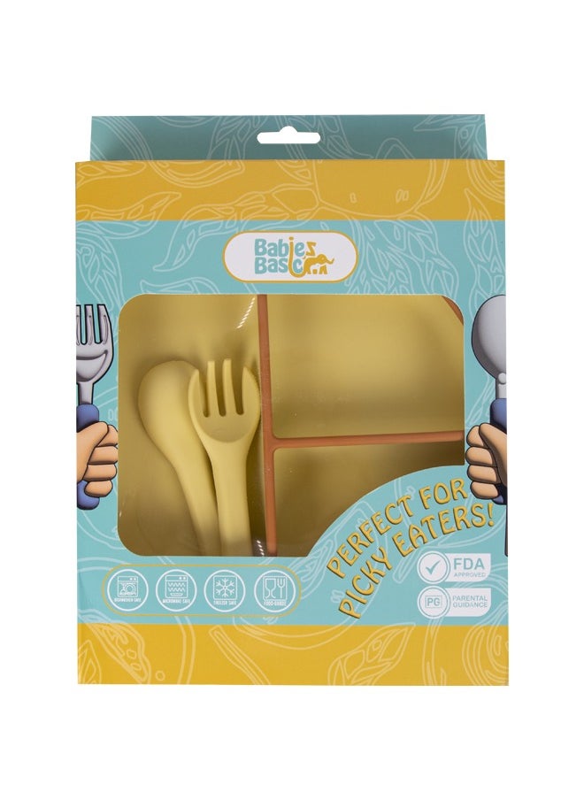 Babies Basic Feeding Set, 3 Piece, Silicone Set For Self Feeding, Learning & Fine Motor Skills Soft, Easy To Grip,Silicone Suction Plate With Silicone Spoon And Fork- Orange  - Image 2