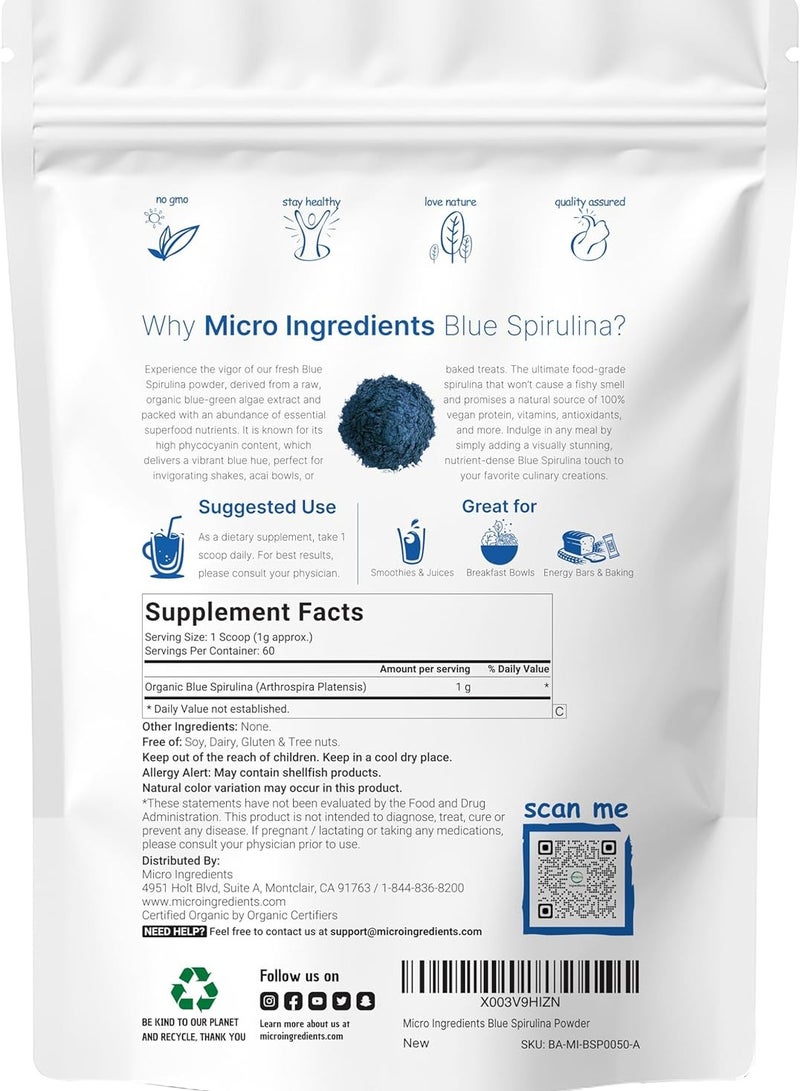 مايكرو إنجريدينتس مسحوق سبيرولينا الأزرق العضوي بروتين نباتي 60 جرام - Image 3