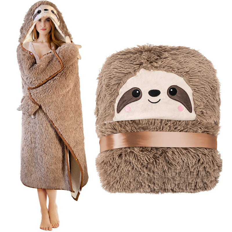Sloth Wearable Hooded Blanket for Adults  Fluffy Super Soft Shaggy Faux Fur Fuzzy Warm Cozy Plush Furry Fleece  Sherpa Hoodie Throw Cloak Wrap  Sloth Gifts for Women Adults and Kids