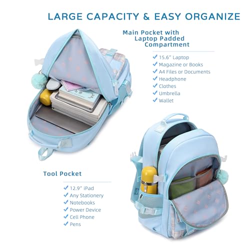 KIDNUO Backpack for Girls, 15.6 Inch Laptop School Bag Kids Kindergarten Elementary College Backpacks Large Bookbags for Teen Girl Women Students Casual Travel Daypacks (Blue) - Image 4