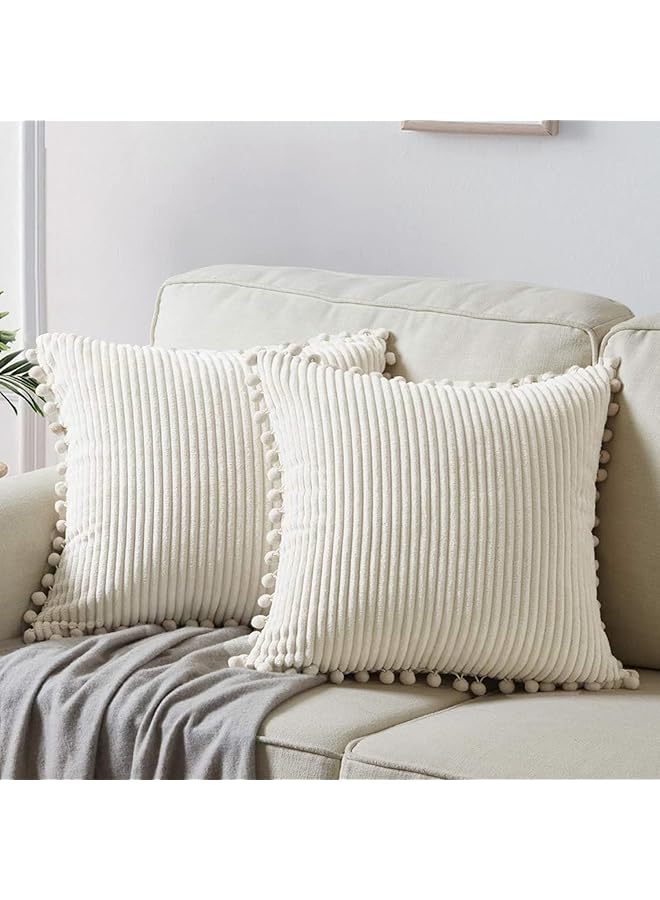The Bros Pack of 2 Boho Decorative Throw Pillow Covers with Pom-poms, Soft Corduroy Accent Solid Square Cushion Case Set for Couch Sofa Bedroom Car Living Room - Image 1