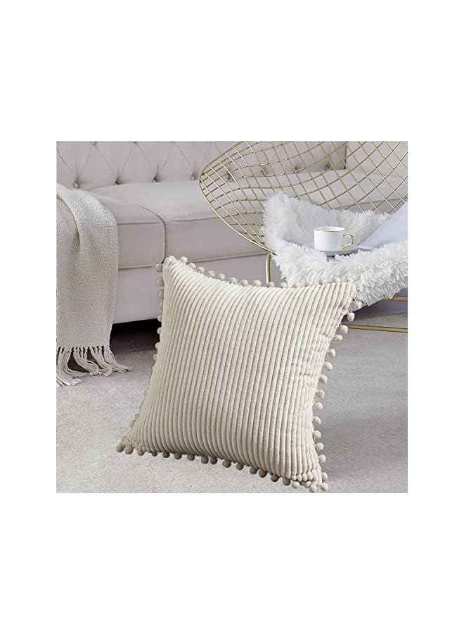 The Bros Pack of 2 Boho Decorative Throw Pillow Covers with Pom-poms, Soft Corduroy Accent Solid Square Cushion Case Set for Couch Sofa Bedroom Car Living Room - Image 2