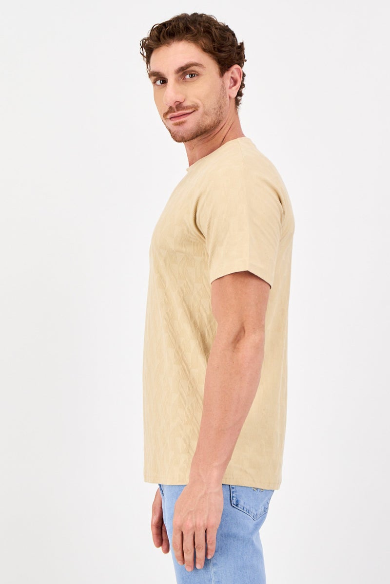 Threadbare Men Crew Neck Short Sleeve Textured T-shirt, Beige - Image 2