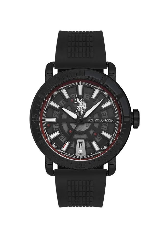 يو اس بولو اسن U.S. Polo Assn. USPA1058-01 43mm Watch with Bold Black Dial, Chronograph Features & Comfortable Black Silicone Strap - Perfect for Active Gents