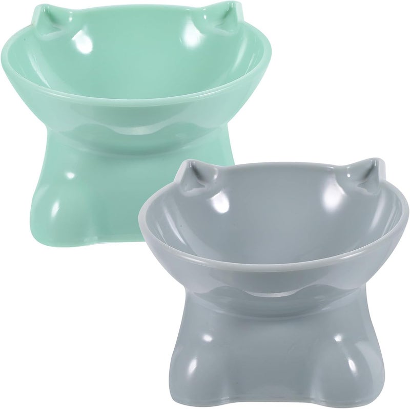 2pcs Elevated Pet Bowls with Neck Protection, Plastic Raised Cat Feeding Bowls Anti-Spill Design for Indoor Cats and Small Dogs, Blue Gray and Green - Image 1