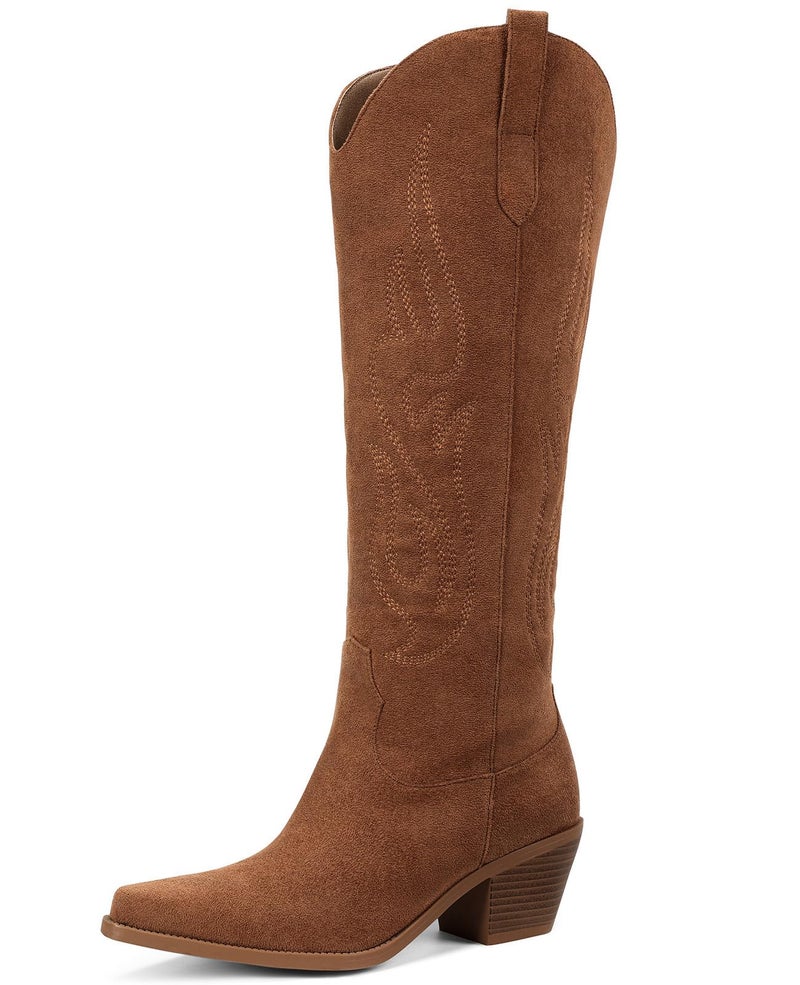 Pasuot Western Cowboy Boots for Women - Knee High Wide Calf Cowgirl Boots, Slip On Pointed Toe Chunky Heel Fashion Retro Classic Pull On Tall Boot for ladies Party concert Dark Brown Suede US 8 - Image 1