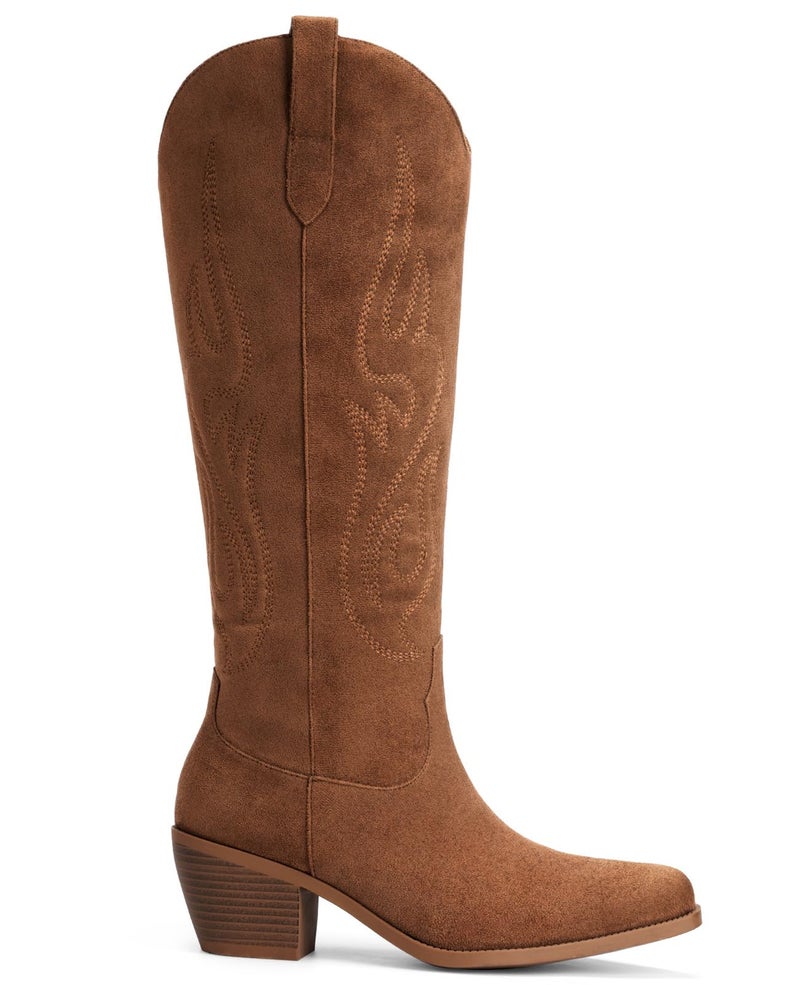 Pasuot Western Cowboy Boots for Women - Knee High Wide Calf Cowgirl Boots, Slip On Pointed Toe Chunky Heel Fashion Retro Classic Pull On Tall Boot for ladies Party concert Dark Brown Suede US 8 - Image 5