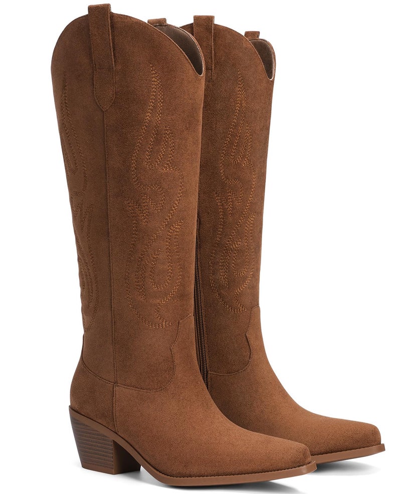Pasuot Western Cowboy Boots for Women - Knee High Wide Calf Cowgirl Boots, Slip On Pointed Toe Chunky Heel Fashion Retro Classic Pull On Tall Boot for ladies Party concert Dark Brown Suede US 8 - Image 4