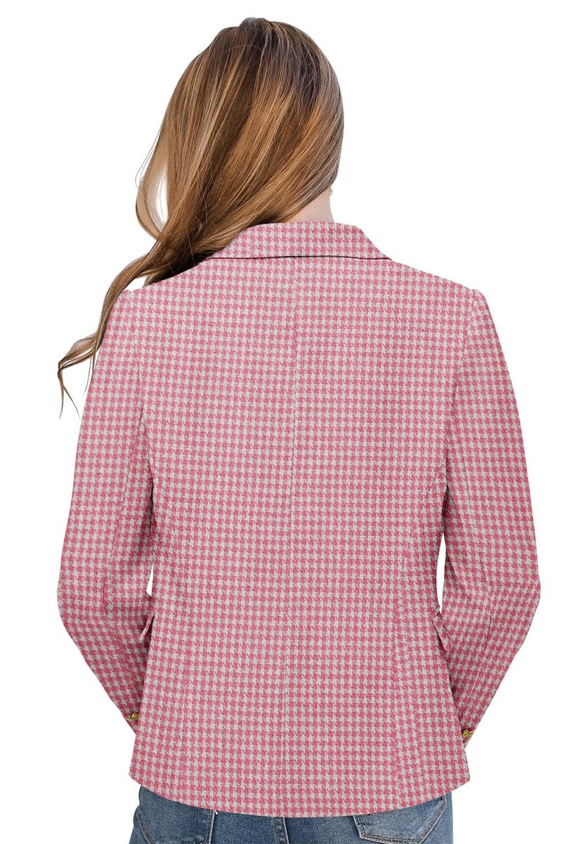 CRAZY GRID Women Business Casual Blazer Double Breasted Work Professional Blazer Jackets Long Sleeve Gold Buttons Fashion Suit Jacket L Pink Plaid - Image 3