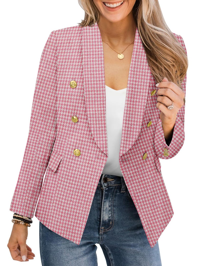 CRAZY GRID Women Business Casual Blazer Double Breasted Work Professional Blazer Jackets Long Sleeve Gold Buttons Fashion Suit Jacket L Pink Plaid - Image 1