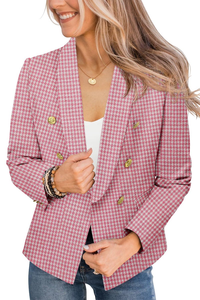 CRAZY GRID Women Business Casual Blazer Double Breasted Work Professional Blazer Jackets Long Sleeve Gold Buttons Fashion Suit Jacket L Pink Plaid - Image 2