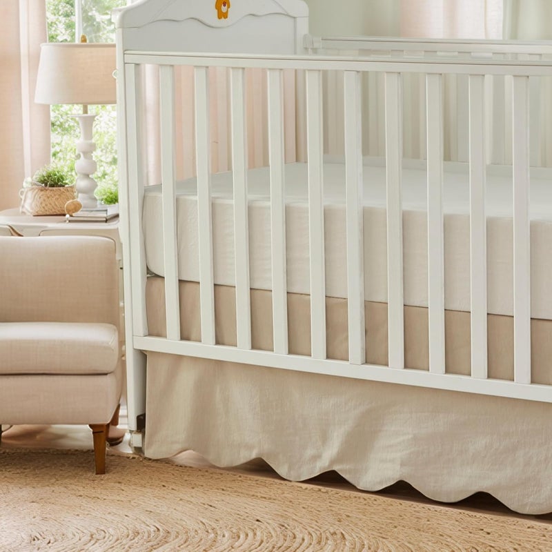 Brandream Scallop Edge Organic Cotton Crib Skirt, Baby Boy, Baby Girl, Gender Neutral Crib Skirt Toddler Bedskirt Farmhouse Chic Nursery Crib Bed Skirt, Boho Bohemian Solid Beige Skirt - Image 1