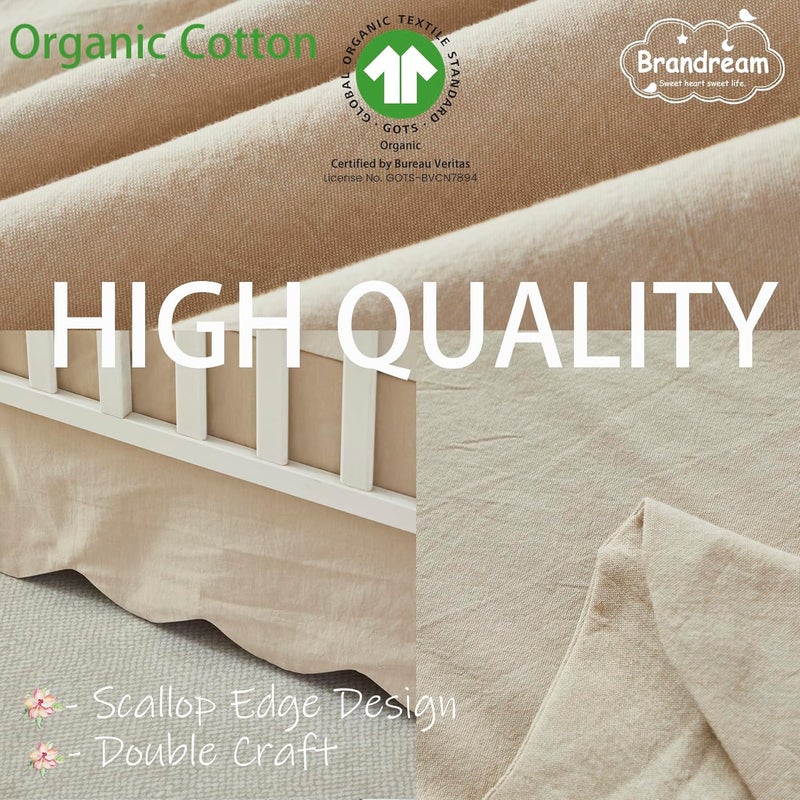 Brandream Scallop Edge Organic Cotton Crib Skirt, Baby Boy, Baby Girl, Gender Neutral Crib Skirt Toddler Bedskirt Farmhouse Chic Nursery Crib Bed Skirt, Boho Bohemian Solid Beige Skirt - Image 2