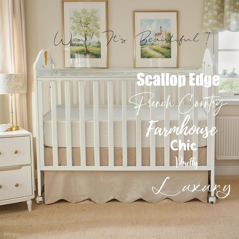 Brandream Scallop Edge Organic Cotton Crib Skirt, Baby Boy, Baby Girl, Gender Neutral Crib Skirt Toddler Bedskirt Farmhouse Chic Nursery Crib Bed Skirt, Boho Bohemian Solid Beige Skirt - Image 3
