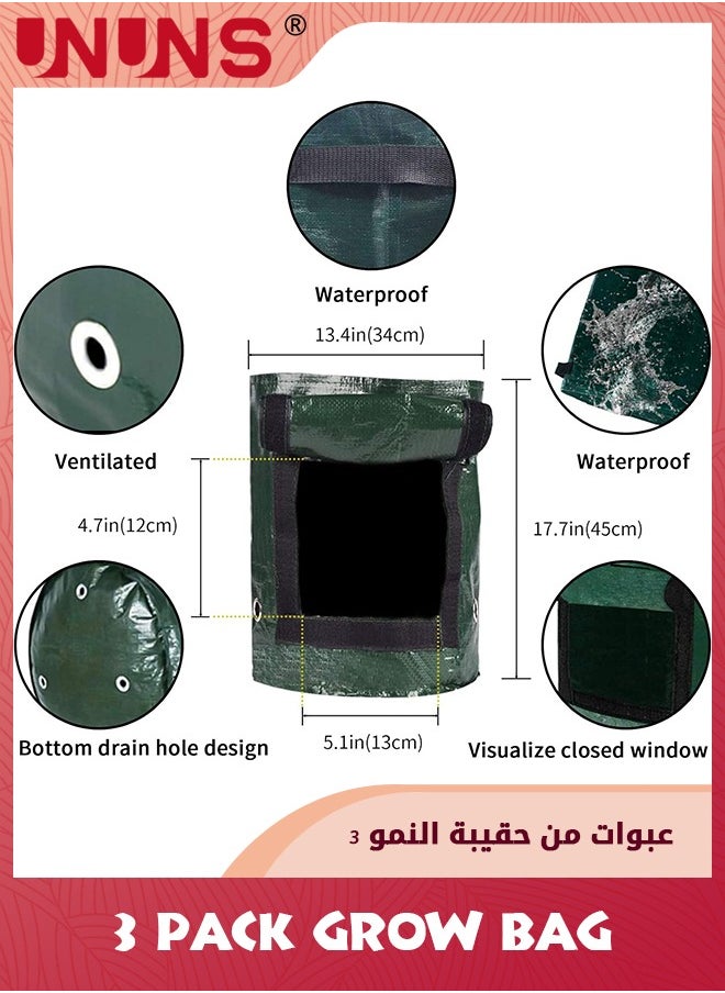 UNUNS 3 عبوات من أكياس الزراعة سعة 10 جالون، أكياس زراعة قماشية لزراعة البطاطس، أكياس حديقة سميكة شديدة التحمل لزراعة الخضروات مع نافذة ومقابض، خضراء  - Image 3