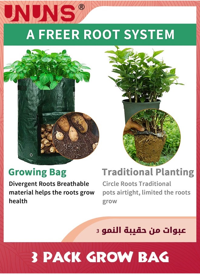 UNUNS 3 عبوات من أكياس الزراعة سعة 10 جالون، أكياس زراعة قماشية لزراعة البطاطس، أكياس حديقة سميكة شديدة التحمل لزراعة الخضروات مع نافذة ومقابض، خضراء  - Image 4