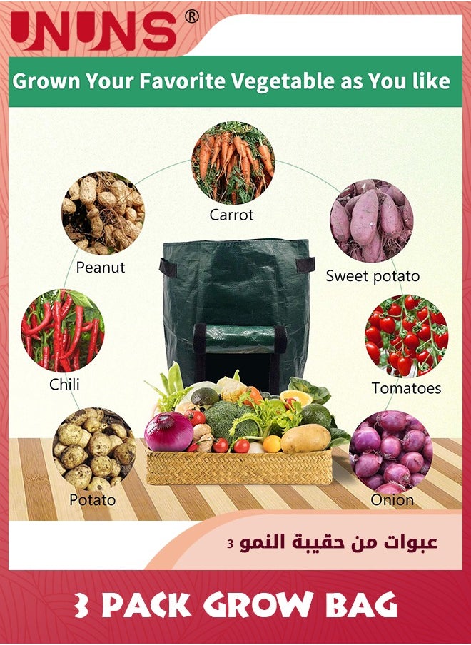 UNUNS 3 عبوات من أكياس الزراعة سعة 10 جالون، أكياس زراعة قماشية لزراعة البطاطس، أكياس حديقة سميكة شديدة التحمل لزراعة الخضروات مع نافذة ومقابض، خضراء  - Image 2