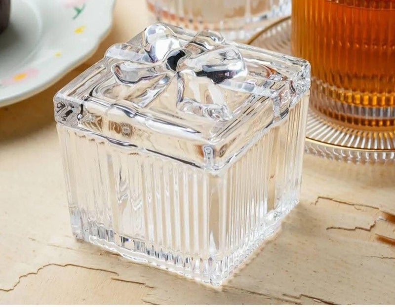 Generic Clear Glass Jewellery Box with Lid, Square Shape, Ribbed Design, Bow Detail, for Candy, Sugar or Trinket Storage, .flo