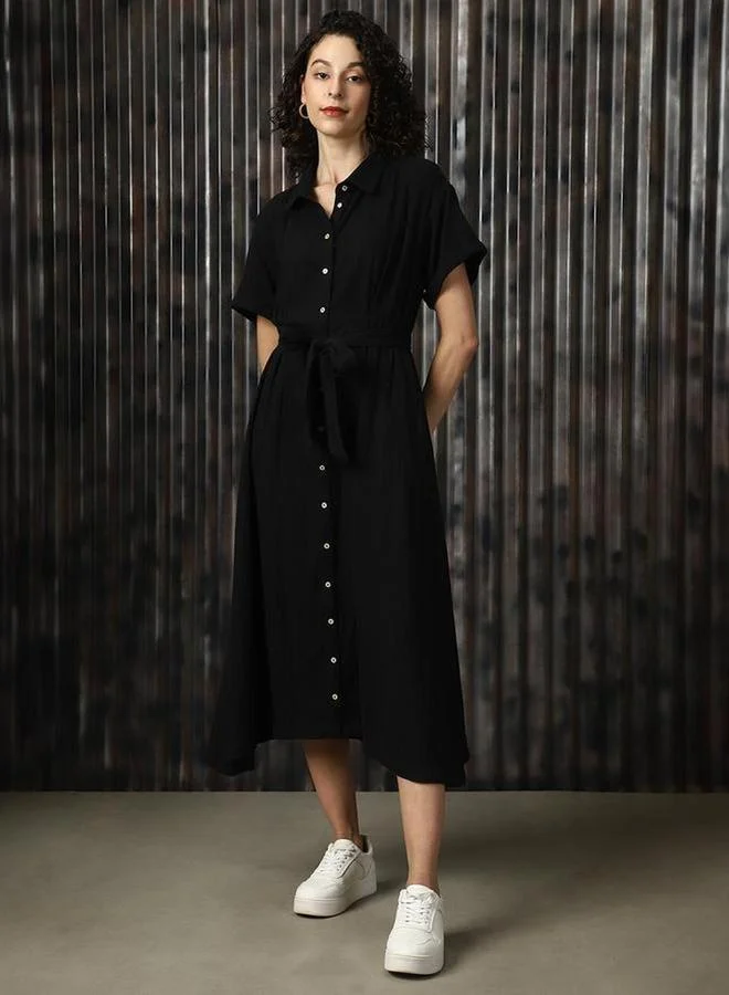 High Star Black 100% Cotton Solid Buttoned Midi Dress