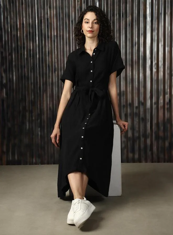High Star Black 100% Cotton Solid Buttoned Midi Dress