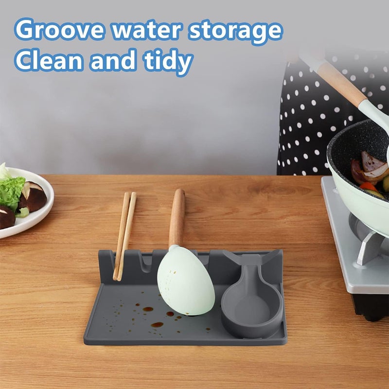 Silicone Spoon Holder with Drip Base, 2 in 1 Spoon Rest for Kitchen Counter and Stove Top, Heat Resistant, BPA Free Non-Slip Ladle Holder (Grey) - Image 4