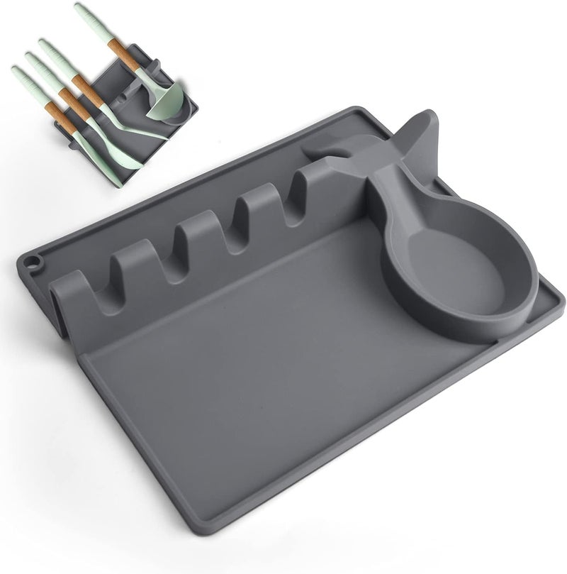 Silicone Spoon Holder with Drip Base, 2 in 1 Spoon Rest for Kitchen Counter and Stove Top, Heat Resistant, BPA Free Non-Slip Ladle Holder (Grey) - Image 1