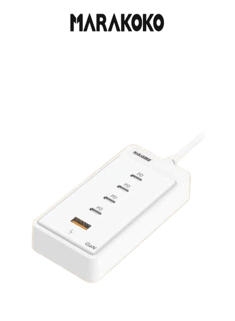 Marakoko Experience next-level charging with the Markoko MX-EC001 A powerful 65W fast charger featuring 4 charger type c  ports and 1 USB port — perfect for charging multiple devices at once Compact, eco-friendly, and built with smart technology for safe and efficient performance Fully compatible with iPhone 16 and all modern smartphones Stay powered up with a sleek, original fast charger you can trust  - Image 1