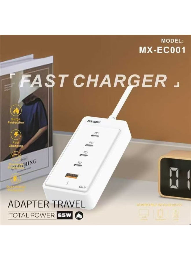 Marakoko Experience next-level charging with the Markoko MX-EC001 A powerful 65W fast charger featuring 4 charger type c  ports and 1 USB port — perfect for charging multiple devices at once Compact, eco-friendly, and built with smart technology for safe and efficient performance Fully compatible with iPhone 16 and all modern smartphones Stay powered up with a sleek, original fast charger you can trust  - Image 2