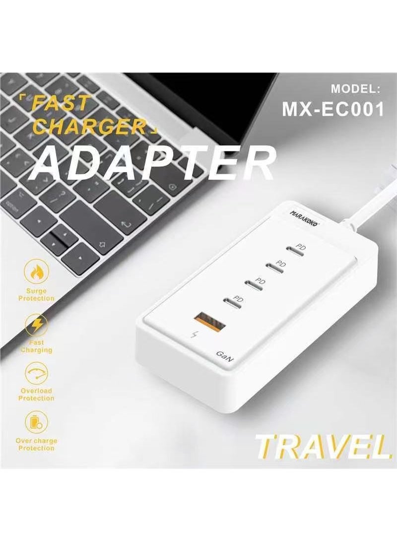 Marakoko Experience next-level charging with the Markoko MX-EC001 A powerful 65W fast charger featuring 4 charger type c  ports and 1 USB port — perfect for charging multiple devices at once Compact, eco-friendly, and built with smart technology for safe and efficient performance Fully compatible with iPhone 16 and all modern smartphones Stay powered up with a sleek, original fast charger you can trust  - Image 3