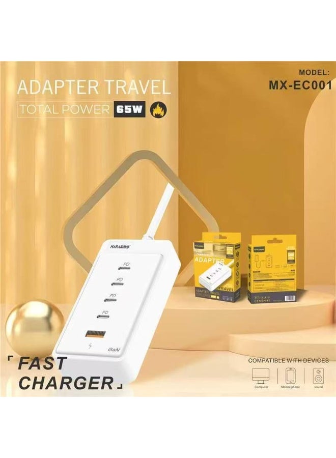 Marakoko Experience next-level charging with the Markoko MX-EC001 A powerful 65W fast charger featuring 4 charger type c  ports and 1 USB port — perfect for charging multiple devices at once Compact, eco-friendly, and built with smart technology for safe and efficient performance Fully compatible with iPhone 16 and all modern smartphones Stay powered up with a sleek, original fast charger you can trust  - Image 4