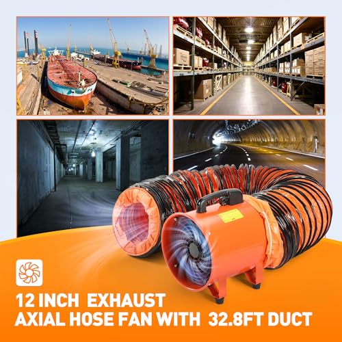 Rengue Utility Blower/Exhaust with 32.8ft Hose Fan, 1900 or 2800r/min Two Modes Heavy Duty Blower Fan 12 Inches High Velocity Ventilation Extraction and Ventilation Fan with Duct Hose - Image 3