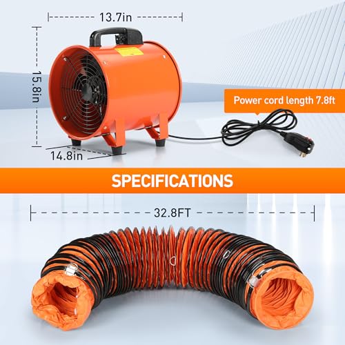 Rengue Utility Blower/Exhaust with 32.8ft Hose Fan, 1900 or 2800r/min Two Modes Heavy Duty Blower Fan 12 Inches High Velocity Ventilation Extraction and Ventilation Fan with Duct Hose - Image 5