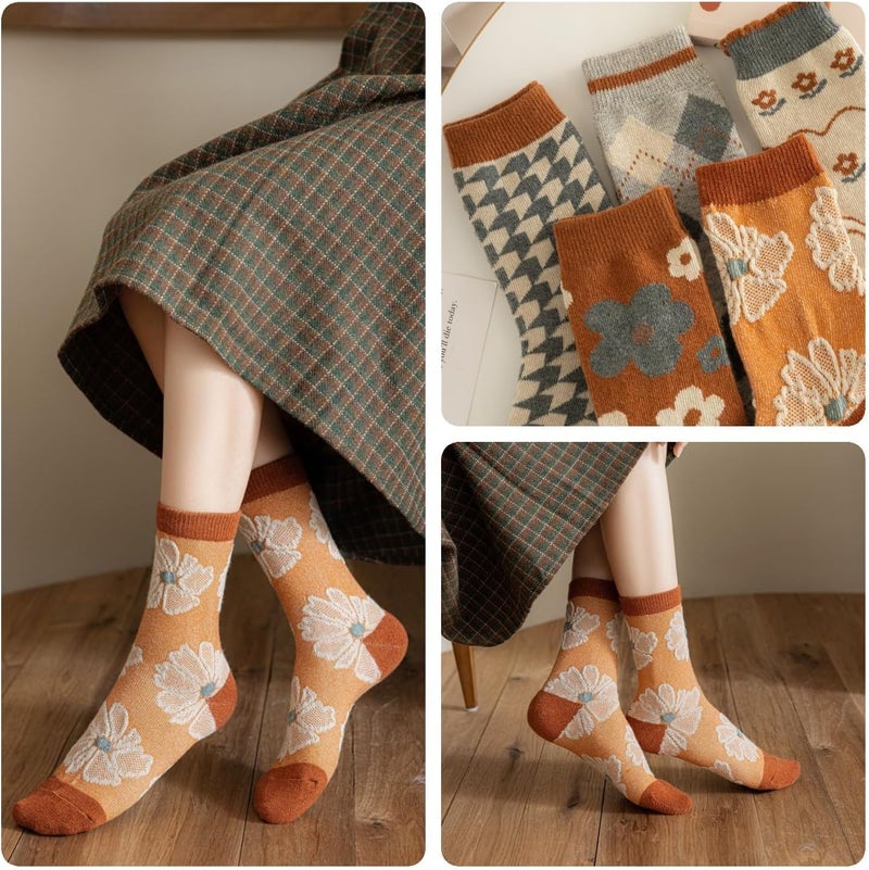 Luckam 5 Pairs Women’s Thick Knit Wool Socks, Vintage Floral Crew Socks for Cozy Comfort and Style - Image 5