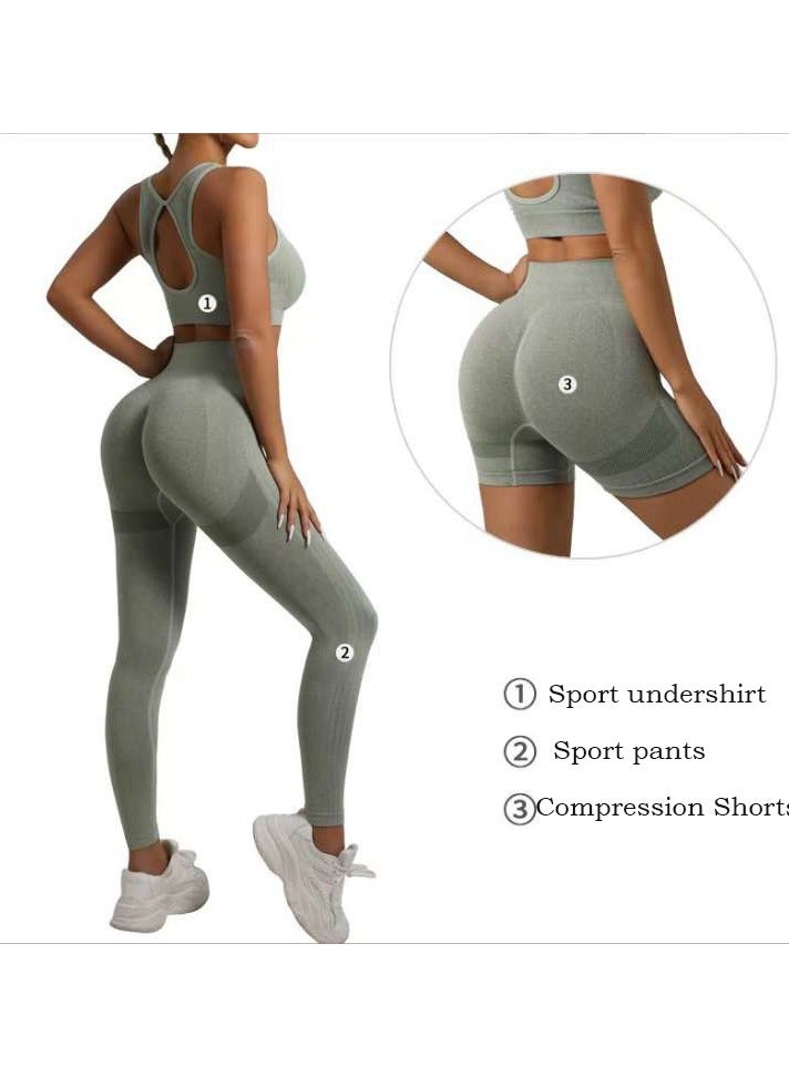 3 Piece Workout Sets for Women Butt Lifting Leggings with High Impact Sports Bra Gym Shorts - Image 1