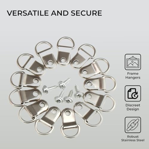 HST H&S Small D Rings Frame Hooks for Picture Hanging - 80 Pieces D Ring Picture Hangers for Frames and Canvas - Stainless Steel Frame Bracket Hanger with 80 Screws for Hard Walls - Image 3