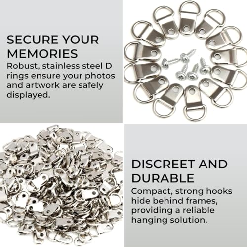 HST H&S Small D Rings Frame Hooks for Picture Hanging - 80 Pieces D Ring Picture Hangers for Frames and Canvas - Stainless Steel Frame Bracket Hanger with 80 Screws for Hard Walls - Image 2