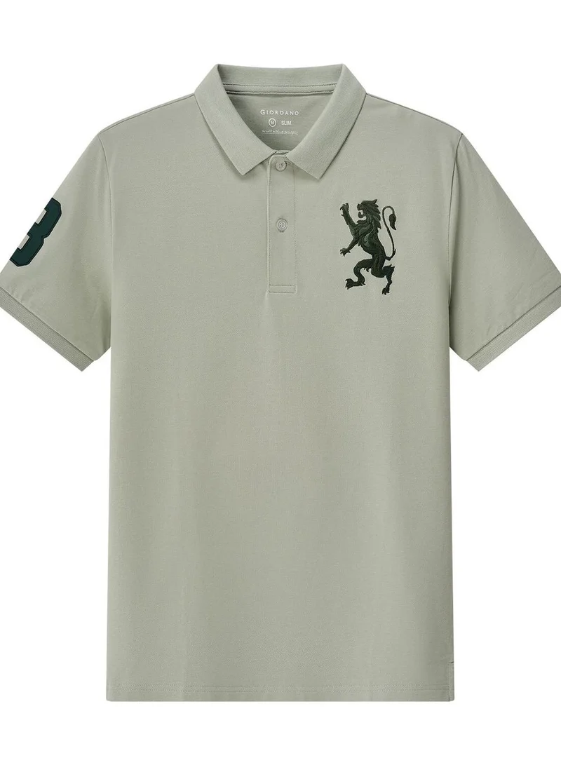 GIORDANO Men's 3D Lion Polo: Slim Fit, Bold Embroidery, Premium Pique