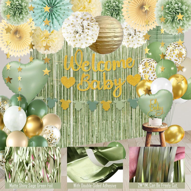 IHEPYQ Sage Green Baby Shower Decorations - Gender Neutral Baby Shower Decor Set with Welcome Baby Banner, Tissue Pom Poms, Paper Lanterns, Flower Fans, Balloons, "Oh Baby" Cake Topper & Star Garland - Image 3