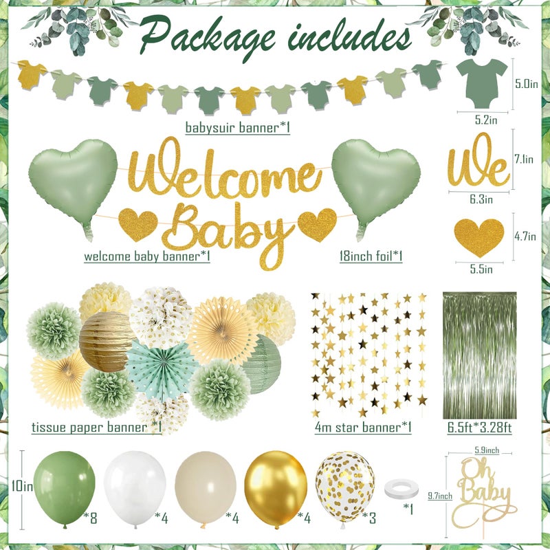 IHEPYQ Sage Green Baby Shower Decorations - Gender Neutral Baby Shower Decor Set with Welcome Baby Banner, Tissue Pom Poms, Paper Lanterns, Flower Fans, Balloons, "Oh Baby" Cake Topper & Star Garland - Image 2