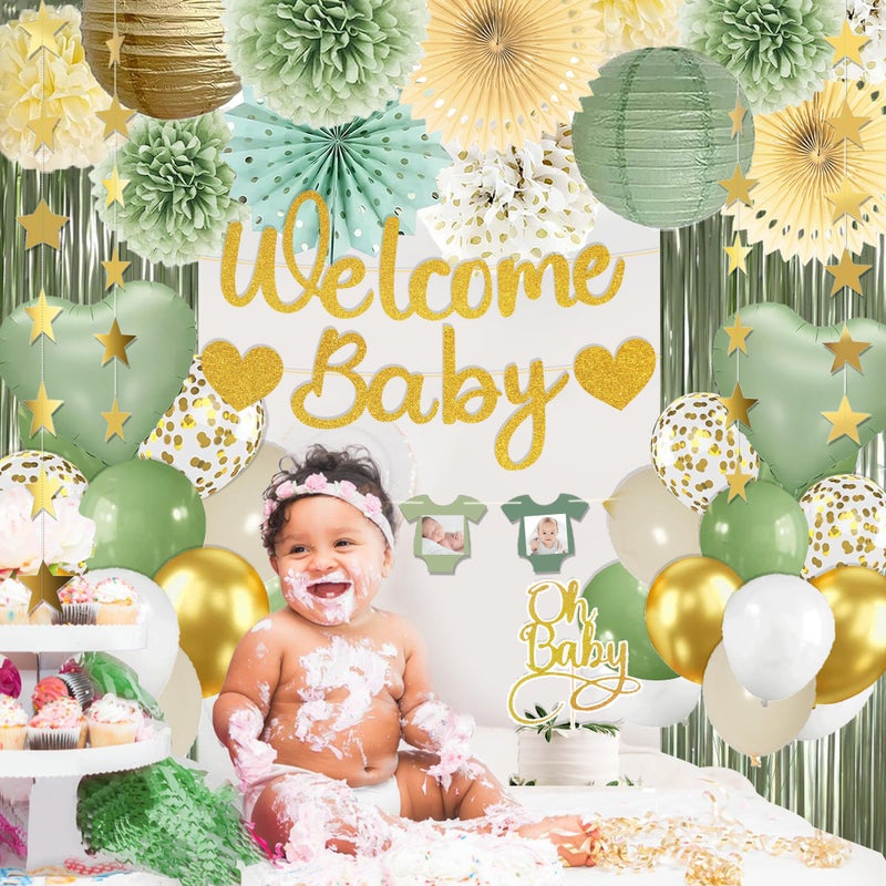 IHEPYQ Sage Green Baby Shower Decorations - Gender Neutral Baby Shower Decor Set with Welcome Baby Banner, Tissue Pom Poms, Paper Lanterns, Flower Fans, Balloons, "Oh Baby" Cake Topper & Star Garland - Image 5