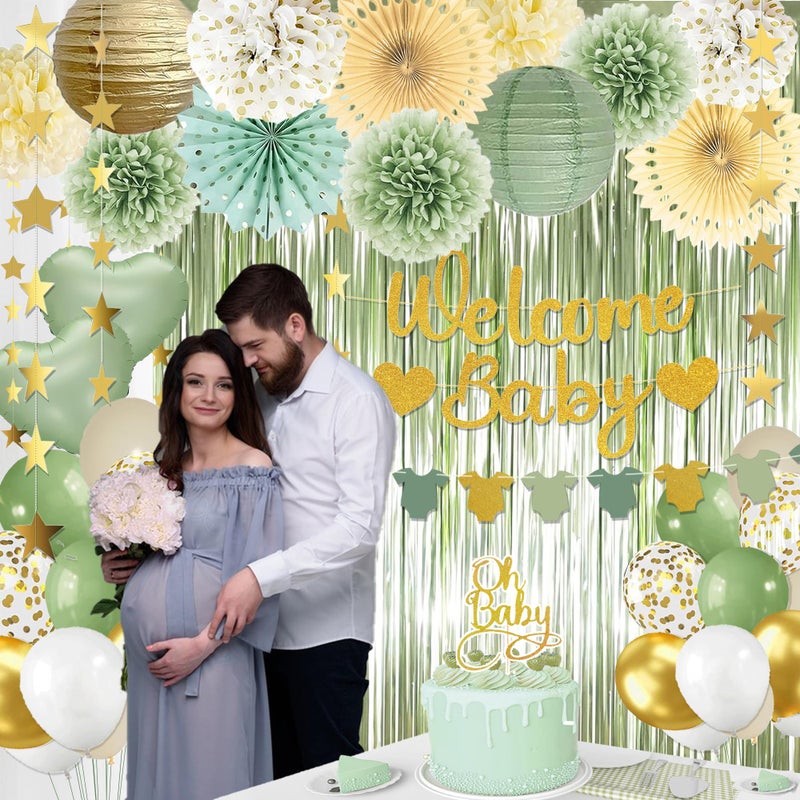 IHEPYQ Sage Green Baby Shower Decorations - Gender Neutral Baby Shower Decor Set with Welcome Baby Banner, Tissue Pom Poms, Paper Lanterns, Flower Fans, Balloons, "Oh Baby" Cake Topper & Star Garland - Image 4