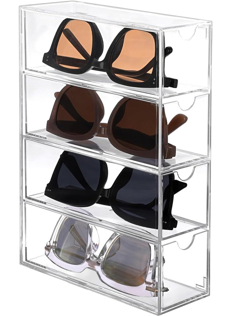 Sunglass Storage Box, Clear Sunglasses Case with 4 Clear Divided Drawers, Stackable Acrylic Display Box Storage Organizer, for Sunglasses Eye-Glass Jewelry Cosmetic Watch Eyeshadow - Image 2