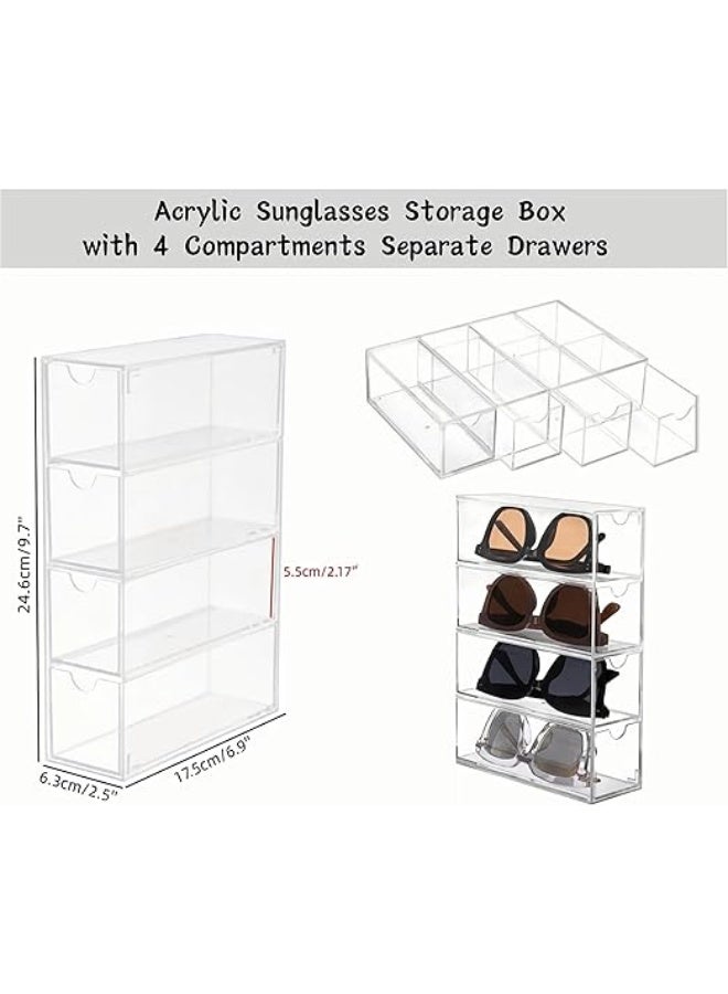 Sunglass Storage Box, Clear Sunglasses Case with 4 Clear Divided Drawers, Stackable Acrylic Display Box Storage Organizer, for Sunglasses Eye-Glass Jewelry Cosmetic Watch Eyeshadow - Image 3