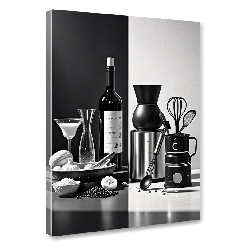 Aphila Black and White Kitchen Canvas Wall Art Dining Room Wall Decor Wine Bottle Seasoning Spoon Kitchen Picture Poster Prints Artwork Painting Dining Room Restaurant Bar Home Decorations 12x16 Inch Framed - Image 1
