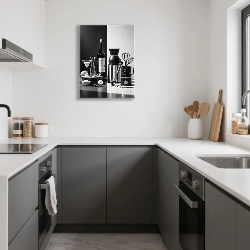 Aphila Black and White Kitchen Canvas Wall Art Dining Room Wall Decor Wine Bottle Seasoning Spoon Kitchen Picture Poster Prints Artwork Painting Dining Room Restaurant Bar Home Decorations 12x16 Inch Framed - Image 2