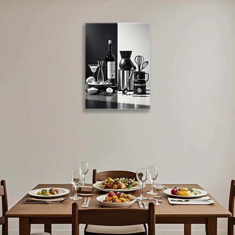 Aphila Black and White Kitchen Canvas Wall Art Dining Room Wall Decor Wine Bottle Seasoning Spoon Kitchen Picture Poster Prints Artwork Painting Dining Room Restaurant Bar Home Decorations 12x16 Inch Framed - Image 5