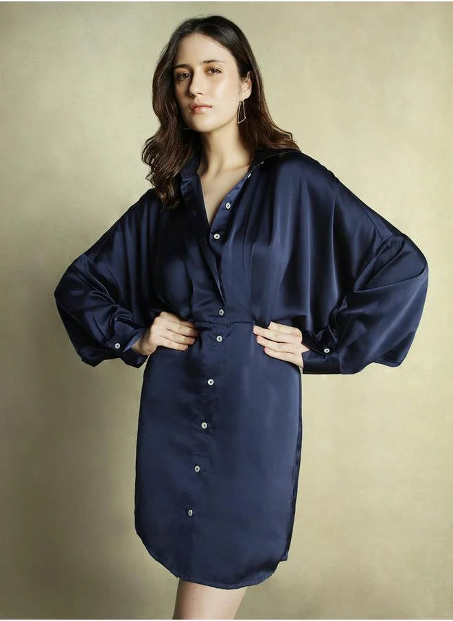 دينيس لينغو Solid Satin Shirt Mini Dress