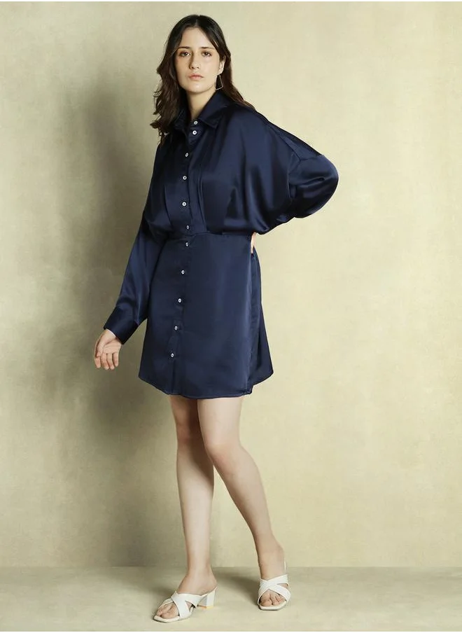 دينيس لينغو Solid Satin Shirt Mini Dress