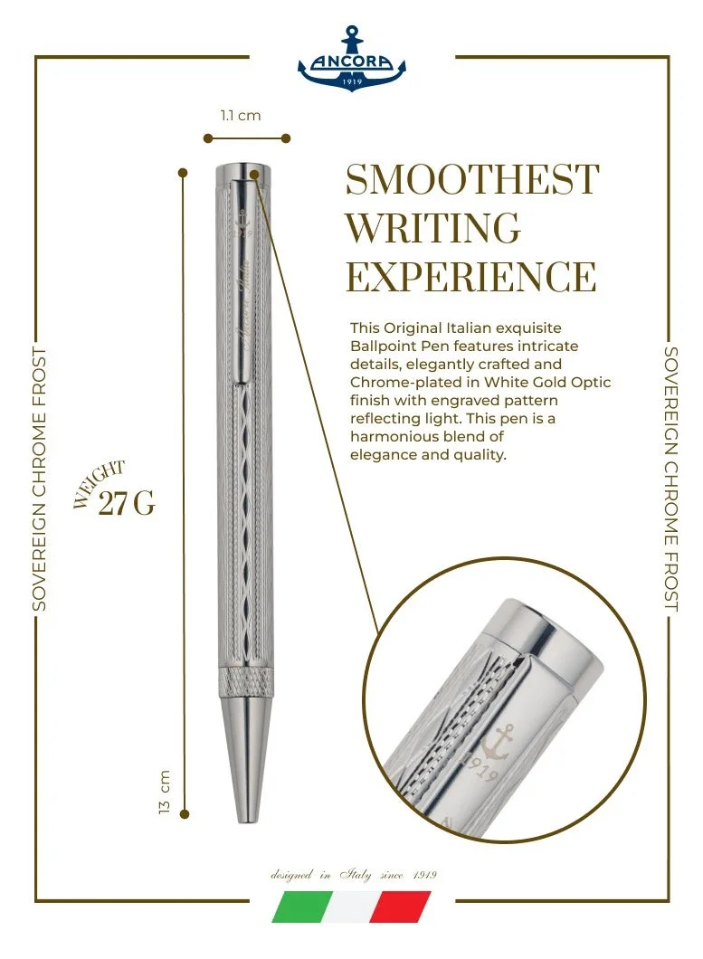 Ancora 1919 Sovereign Chrome Limited 888 Edition Refillable Ballpoint Pen - White Gold Trim - Engraved Luxury Pen - Gift for Men & Women - Blue Ink